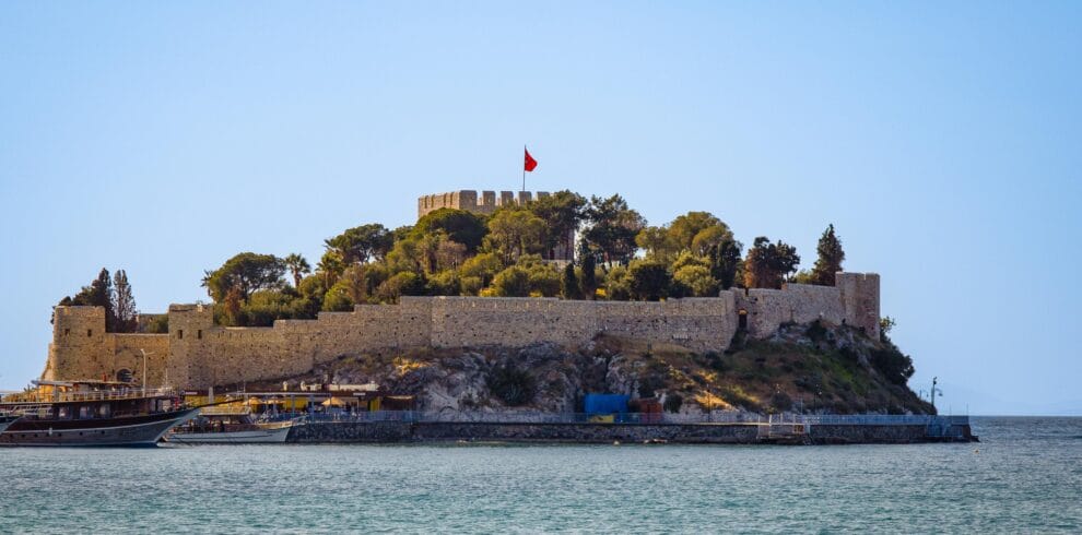 Kusadasi Castle on Pigeon Island in Turkey, surrounded by the Aegean Sea.